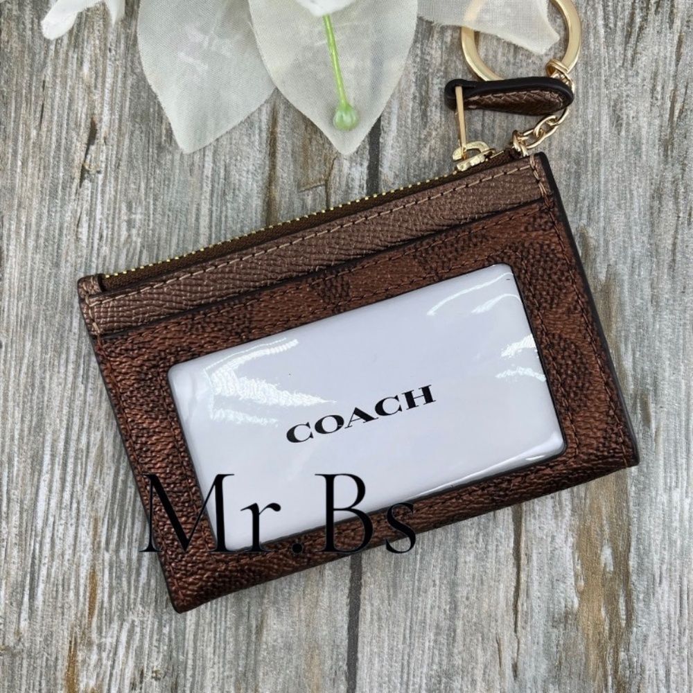 Coach Mini Skinny Id Case In Signature Canvas & Copper Metallic WalletBag Purse - Picture 3 of 6